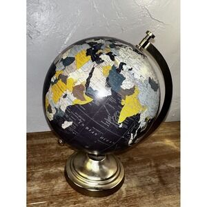 12" Vintage Style World Globe, Navy With Colorful Map, Brass Tone Base